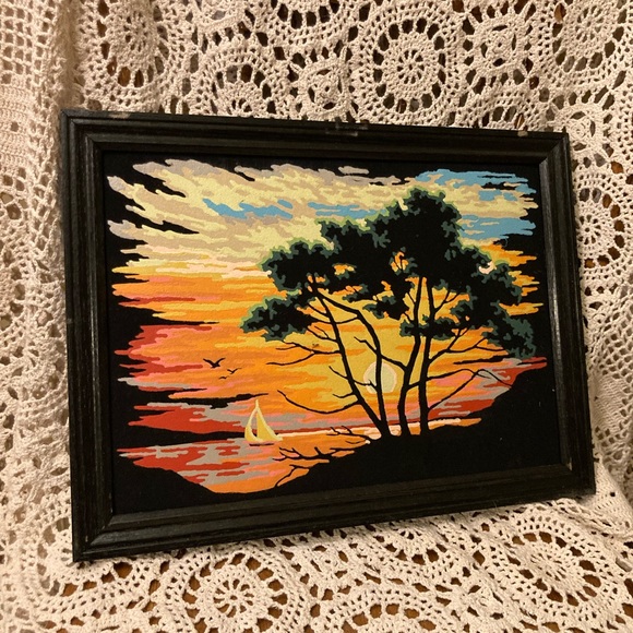Other - Sunset With Tree and Boat in Background - Vintage Paint By Numbers, Felt Backing